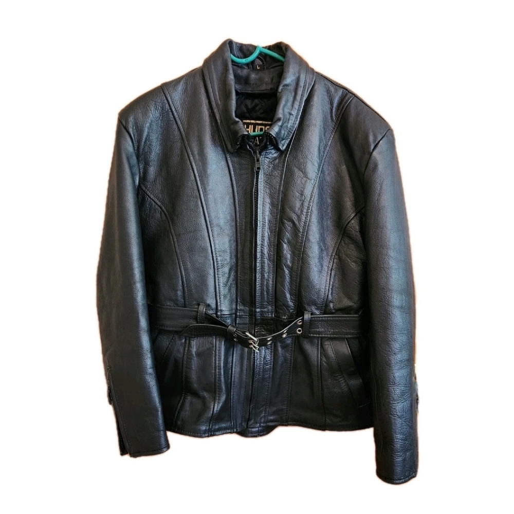 Reece Hudson Vintage Black Leather Motorcycle Jacket Womens Size L Belted Moto
